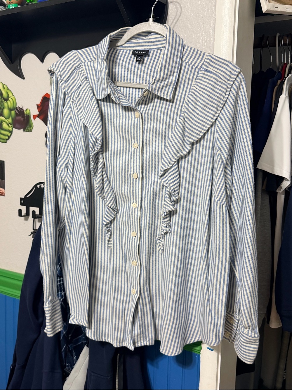 Torrid Blue & White Striped Ruffle Button-Up Blouse